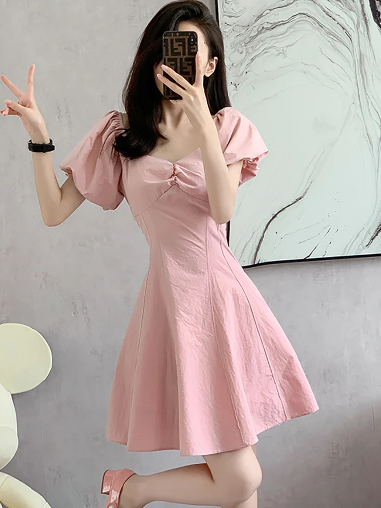 2024 New Pink Puff Sleeve Square Collar Kawaii Dress Women Elegant Casual Mini Dress Summer Korean Bodycon One Piece Prom Dress