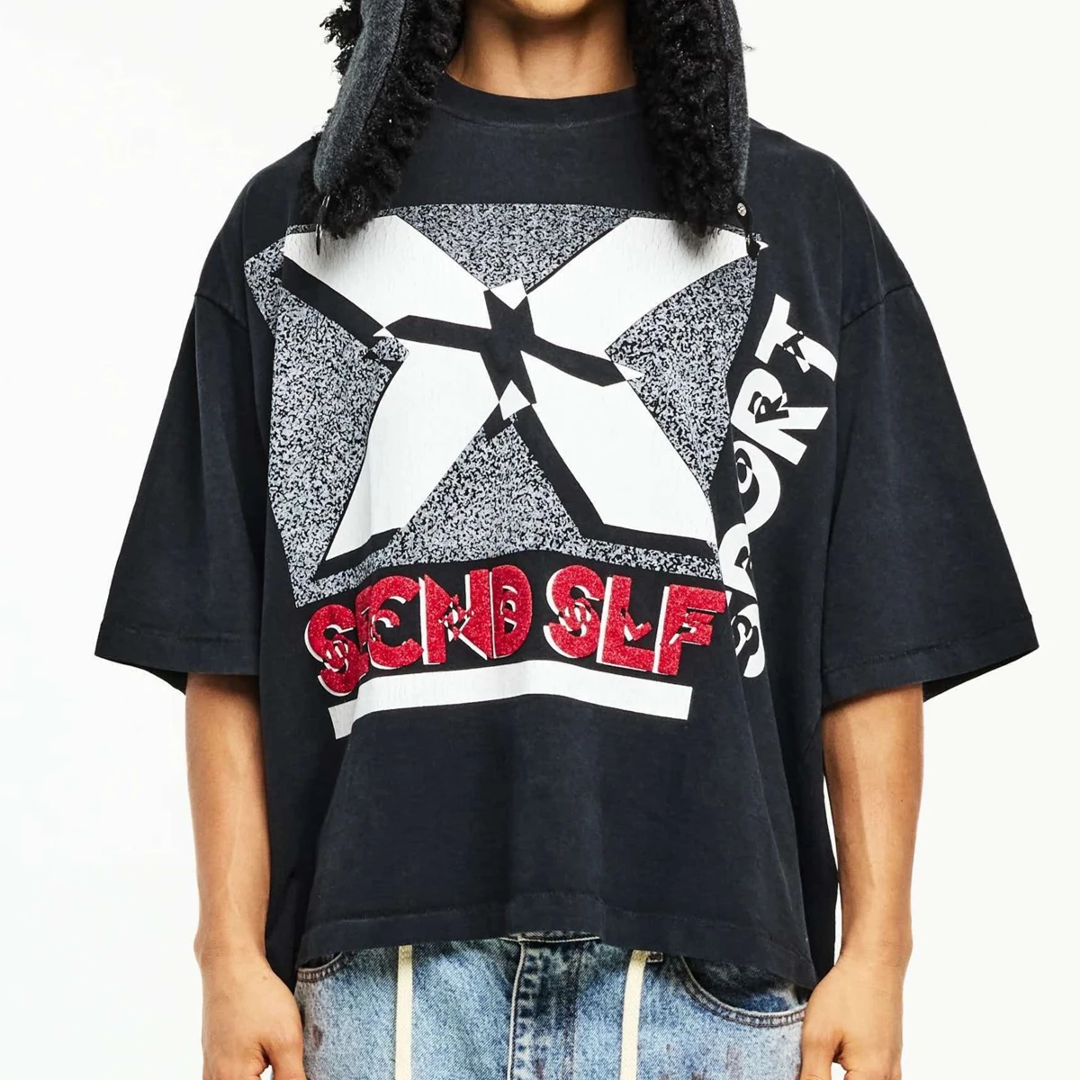 Black SECND SLF Big X Stone Print Short Sleeve T Shirt Men Women High Quality Tee Tops T-Shirt