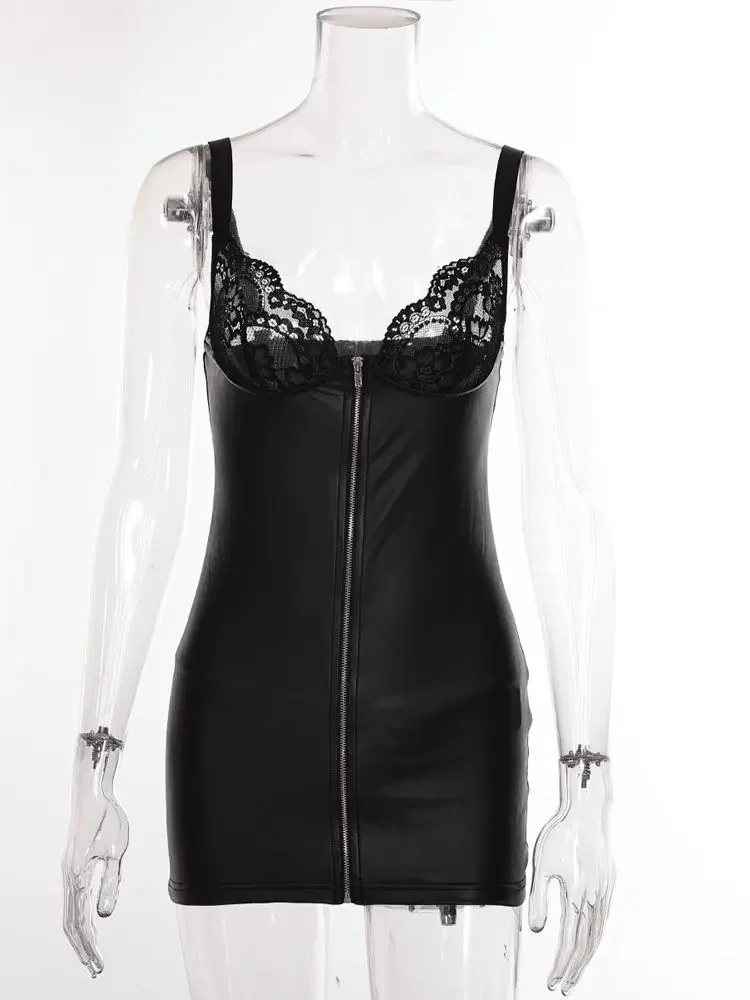 S-XXL العميق الخامس الرقبة الدانتيل فو بولي Leather الجلود فستان ساخن السباغيتي حزام البريدي فساتين الجوارب حزمة الورك Minifalda مثير كلوبوير فيستدو