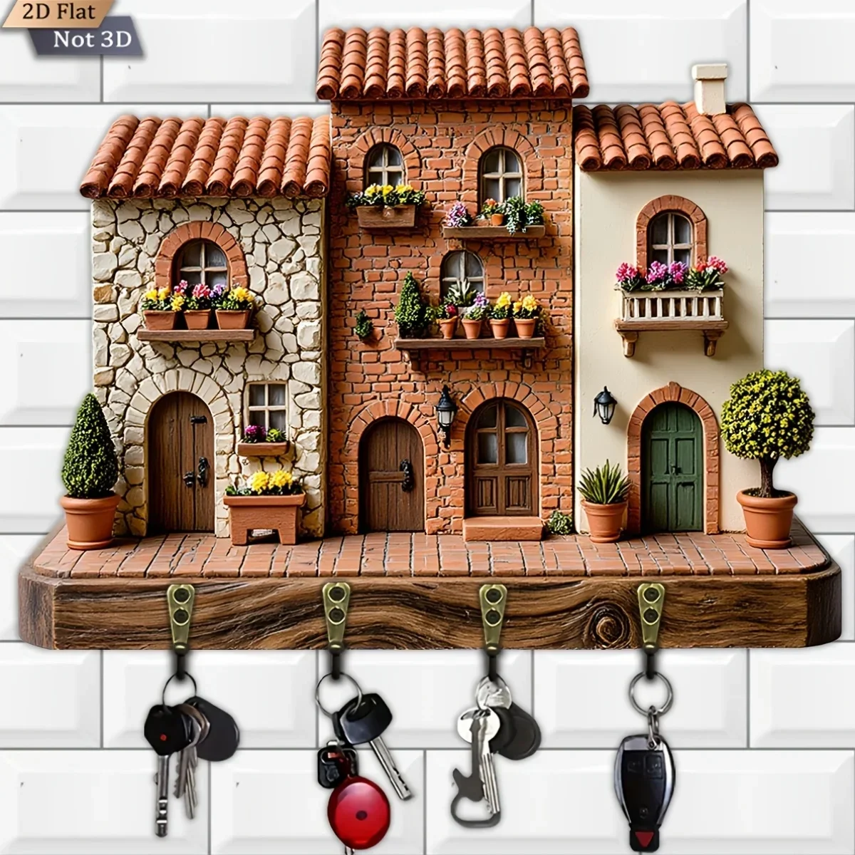 2D Flat, 1pc, European Retro Town Theme Style Key Hook Wooden Multifunctional Home Key Rack, with Four Metal Hooks, Wall