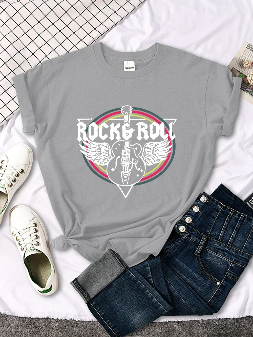 Rock Roll Electric Guitar Printed T-Shirt Women Casual Comfortable Tops Breathable Cool Short Sleeve O-Neck Street Tee Clothing