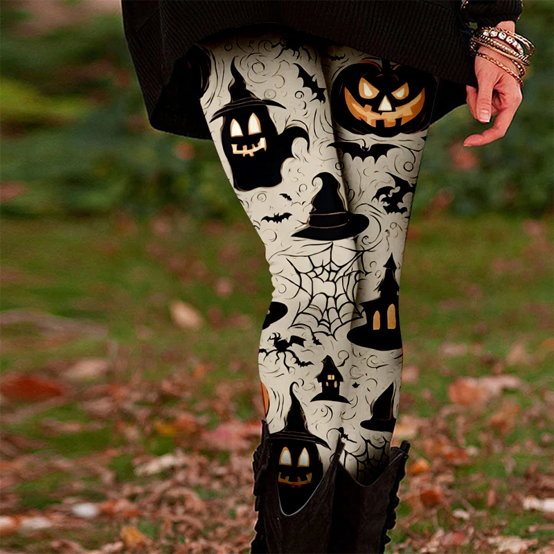 Legginsy damskie z nadrukiem 3D na Halloween, wzór dyni i pająka, elastyczne, do jogi, na co dzień, do sportu, biegania, fitnessu, spodnie codzienne.