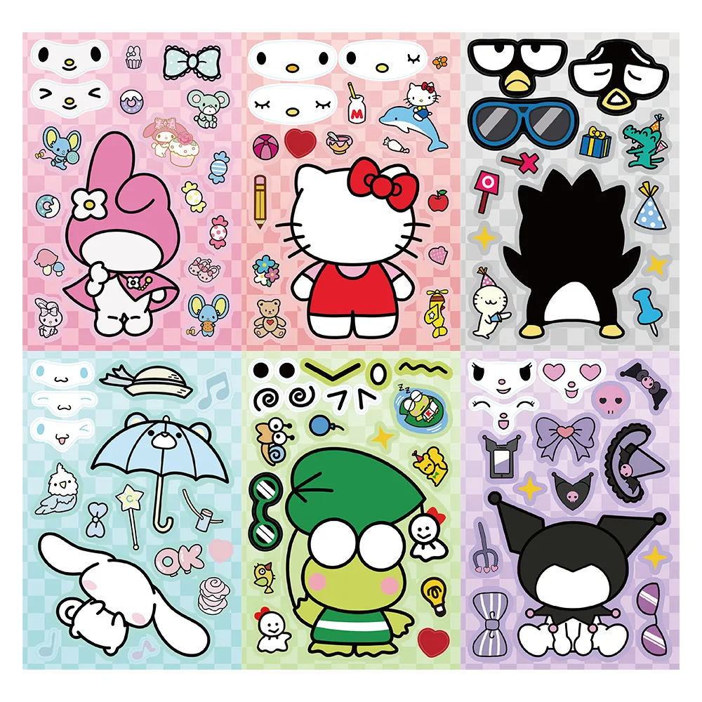 

8Sheets Anime Hello Kitty Kuromi My Melody Puzzle Stickers Make-a-Face Assemble Decal Assemble Jigsaw Children Boy Toy Gift