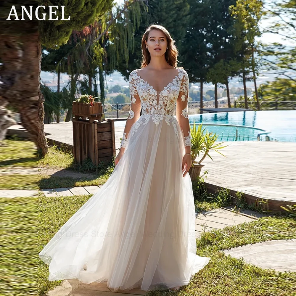 ANGEL Bohimian Long Sleeves Wedding Dresses For Woman V-Neck Sexy Backless Bride Gowns Applique A-Line vestidos de novia