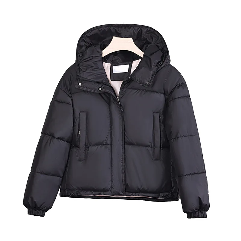 

Winter Puffer Jacket Women Thicken Down Cotton Padded Loose Coat Female Hooded Solid Long Sleeve Short Parkas