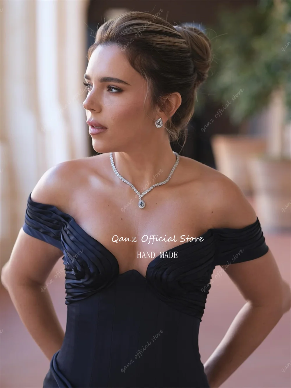 Qanz clássico preto vestido de baile sereia fora do ombro cetim formal vestidos de noite feminino fino-encaixe vestidos de fiesta personalizado