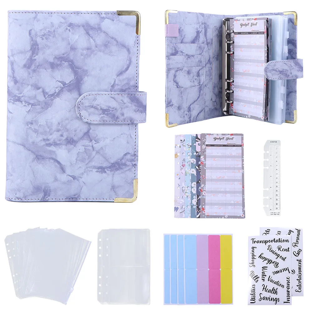 Pianificatore di budget in pelle PU per il budget Notebook A6 Raccoglitore a 6 anelli Raccoglitore per notebook Raccoglitore per budget in marmo Quaderno in marmo