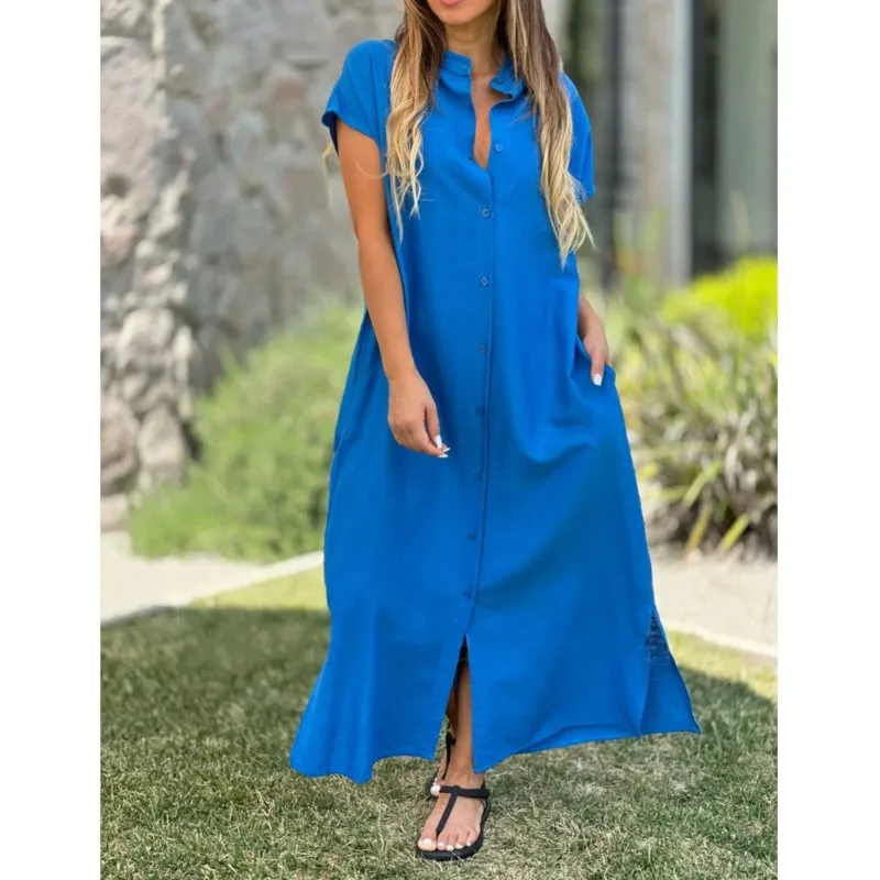 Damskie nowe koszule z lnu i bawełny, sukienki maxi, modne, codzienne kardigany, bluzki, sukienki z krótkim rękawem zapinane na guziki, szaty, odzież do pracy dla kobiet.