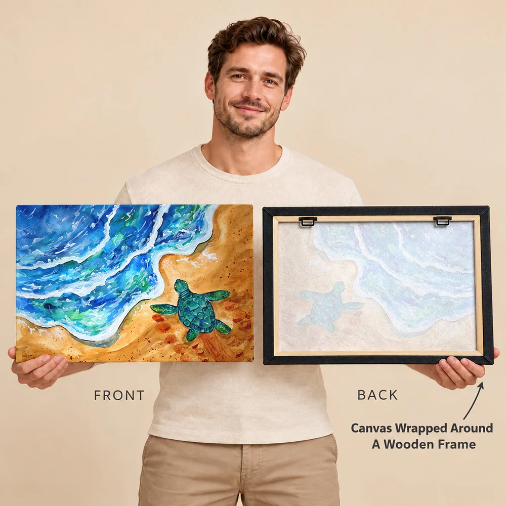 Baby Turtle At The Beach Canvas Print With Wooden Frame Customized Photo Layered Coastal Illustration Wall Art For Living Room