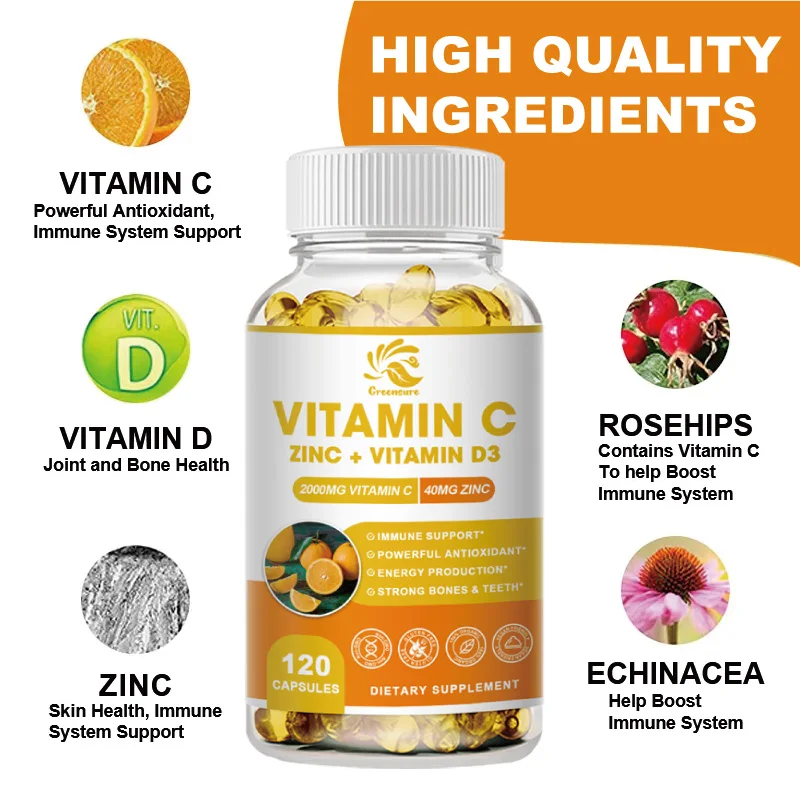 Greensure Vitamin C+Zinc & Vitamin D3 - Dietary Supplement for Immune Support - 60/120 Capsules