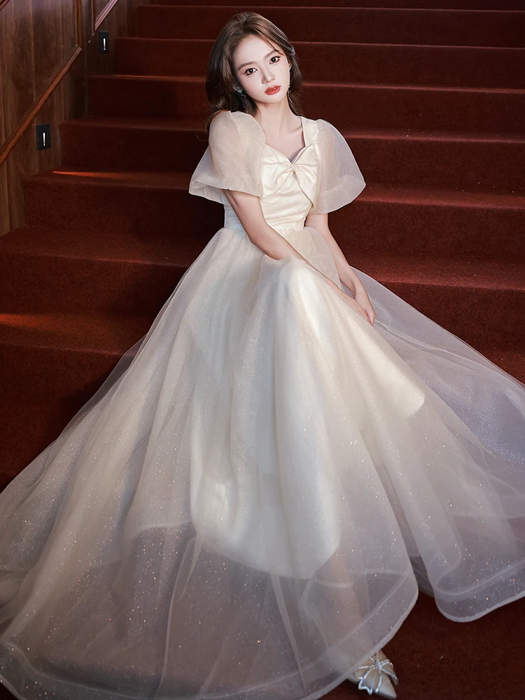 

Champagne Evening Dress French V-neck Pleated Bow Puff Short Sleeve Organza Sequins Floor-Length Classic A-line Prom Vestidos