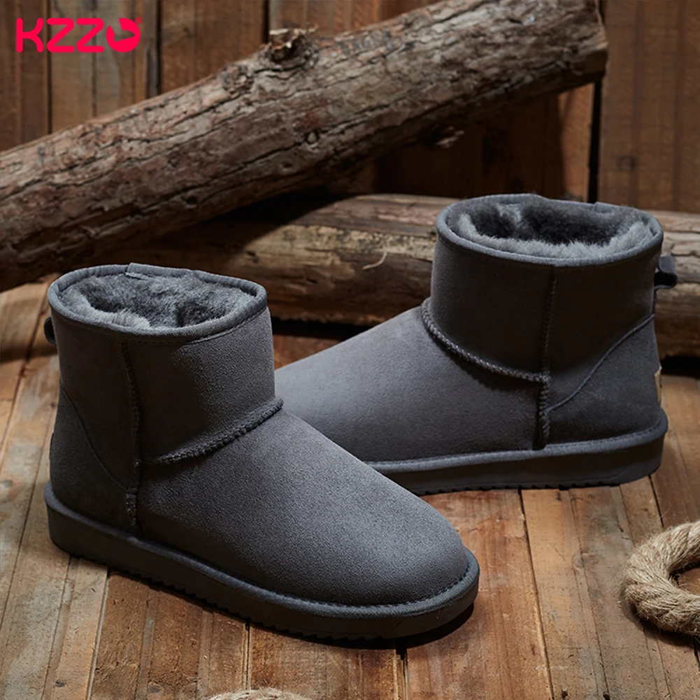 KZZO Size 37-48 Australia Classic Real Sheepskin Suede Leather Men Sheep Wool Fur Lined Winter Short Ankle Snow Boots Grey Shoes