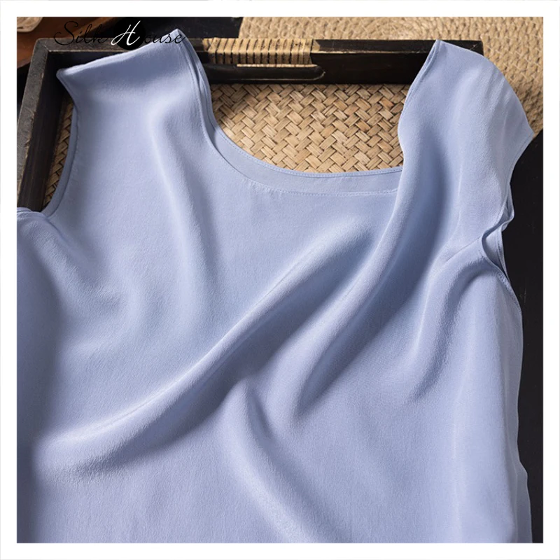 

Women's Summer New Sky Blue 100% Natural Mulberry Silk Crepe De Chine Simple Commuting Round Neck Casual Vest