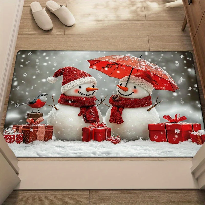 Snowman Couple Red Umbrella Gift Box Winter Scene Doormat For Holiday Entryway Non Slip Welcome Floor Mat Accent
