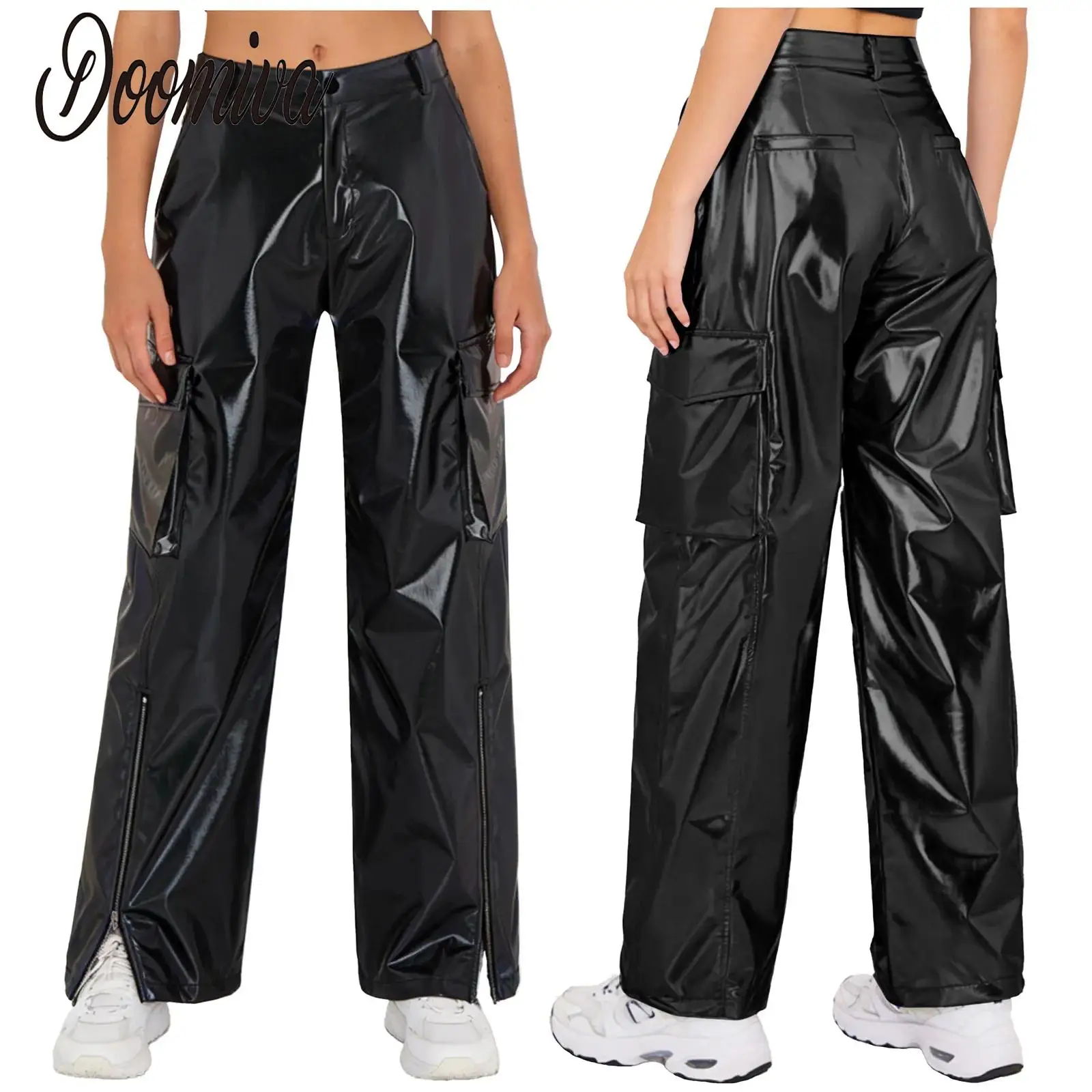 

Women Metallic Shiny Wide Legs Cargo Pants Trousers High Waist Multi-pocket Straight Pants Disco Jazz Modern Hip Hop Dancewear