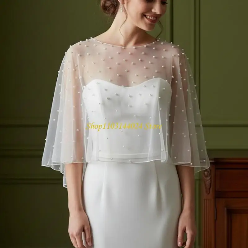 N5KE Romantics Pearls Detailed Tulle Shoulder Wrap Lightweight Scarf Whawl For Bridal Party Evening Event