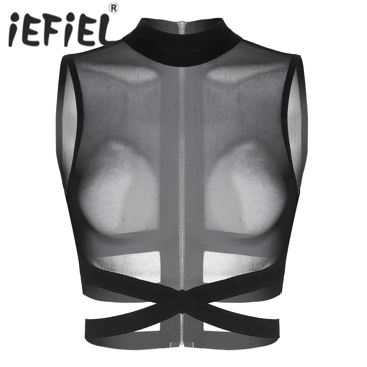 

Womens Lingerie Elastic Strappy Criss Cross Crop Top Shirts See Through Sheer Mesh Zipper Back Tank Tops Rave Party Clubwear