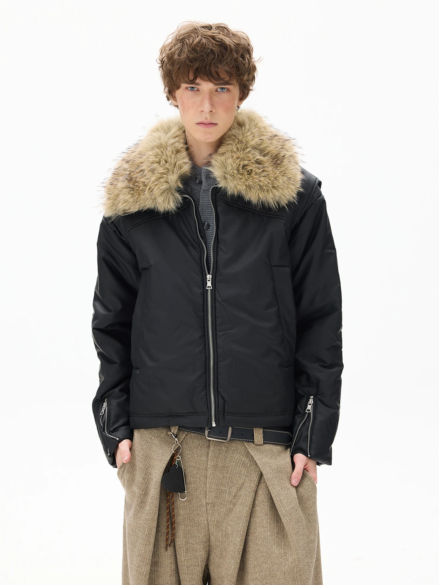 

FILFR Men's Cotton Jaet ort Loose Fit Fur Collar Patchwork PU Leather irt Youth Trendy Zipper Closure Color