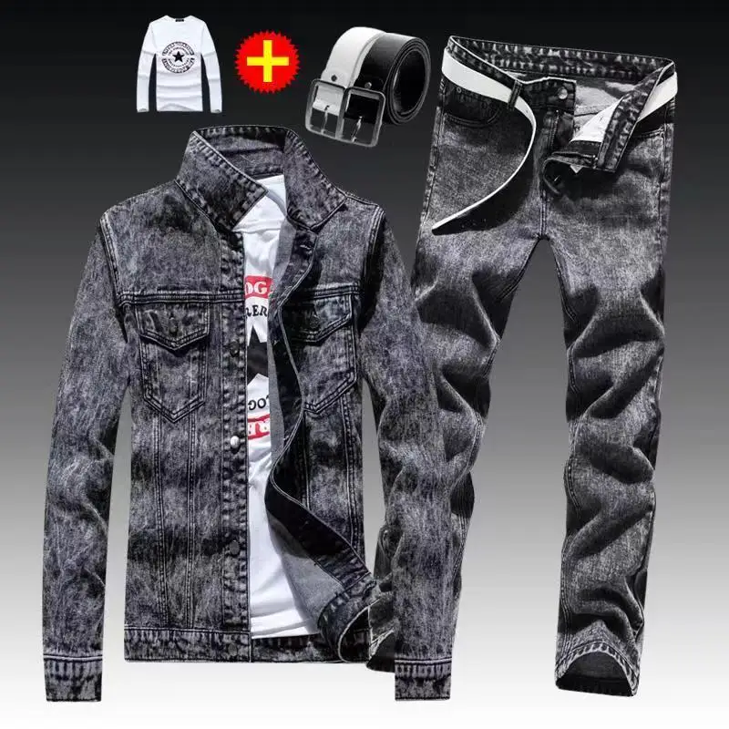 Men Denim Set Hip Hop New Spring Autumn Men\'s Denim Jacket Holes Single Breasted Coat Jeans Pants Suit