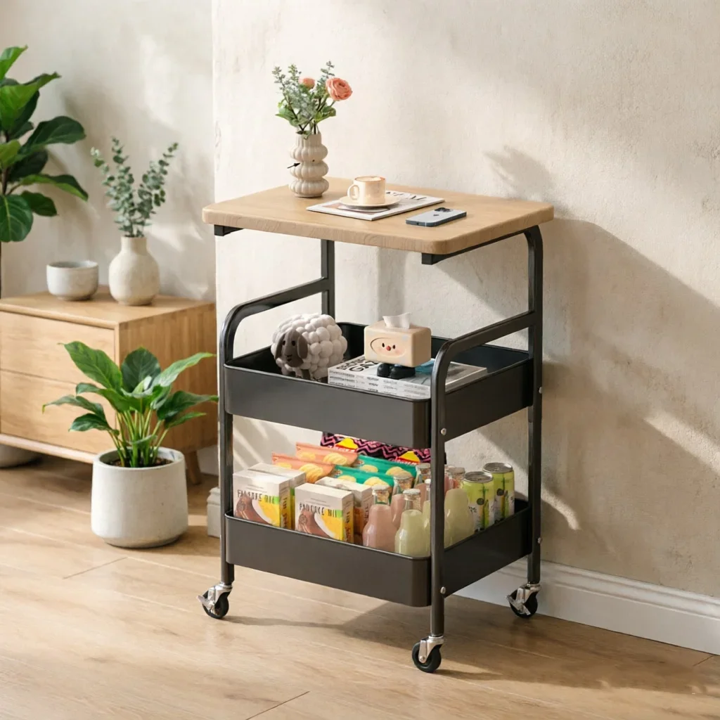 Versatile Rolling Storage Cart with Walnut Wood Tabletop – Metal Frame Lockable Wheels Multi-Purpose Organizer Table for Snacks