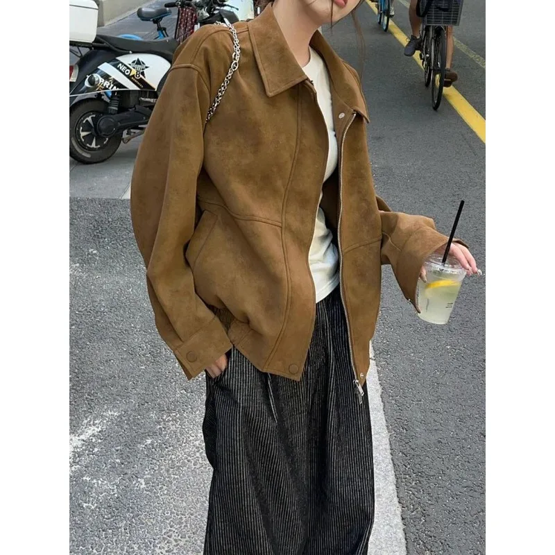 

Американская ретро-куртка из замши, повседневный свободный топ средней длины с отложным воротником