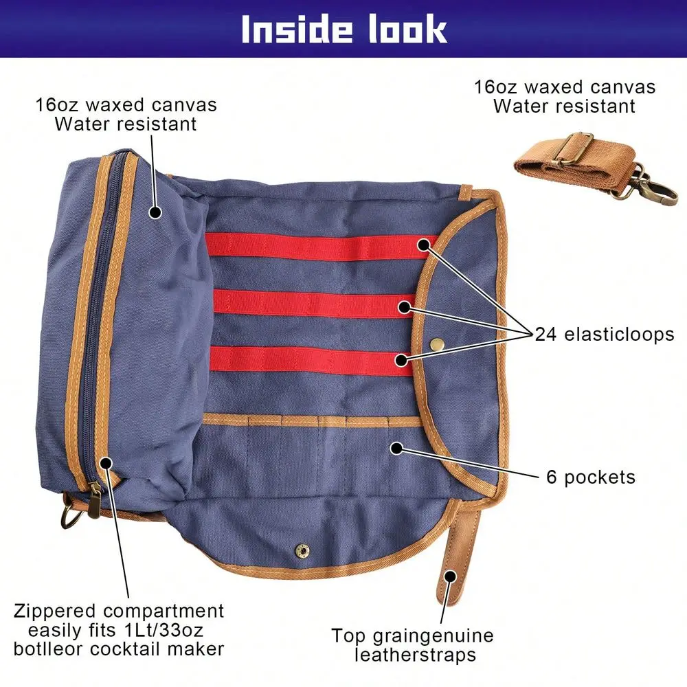 Professional Bartender Tool Bag, Portable Bartender Travel Pouch,Travel Bar Set For Home Cocktail Making, Work, Parties, Camping, Blue (Tools Not Included)