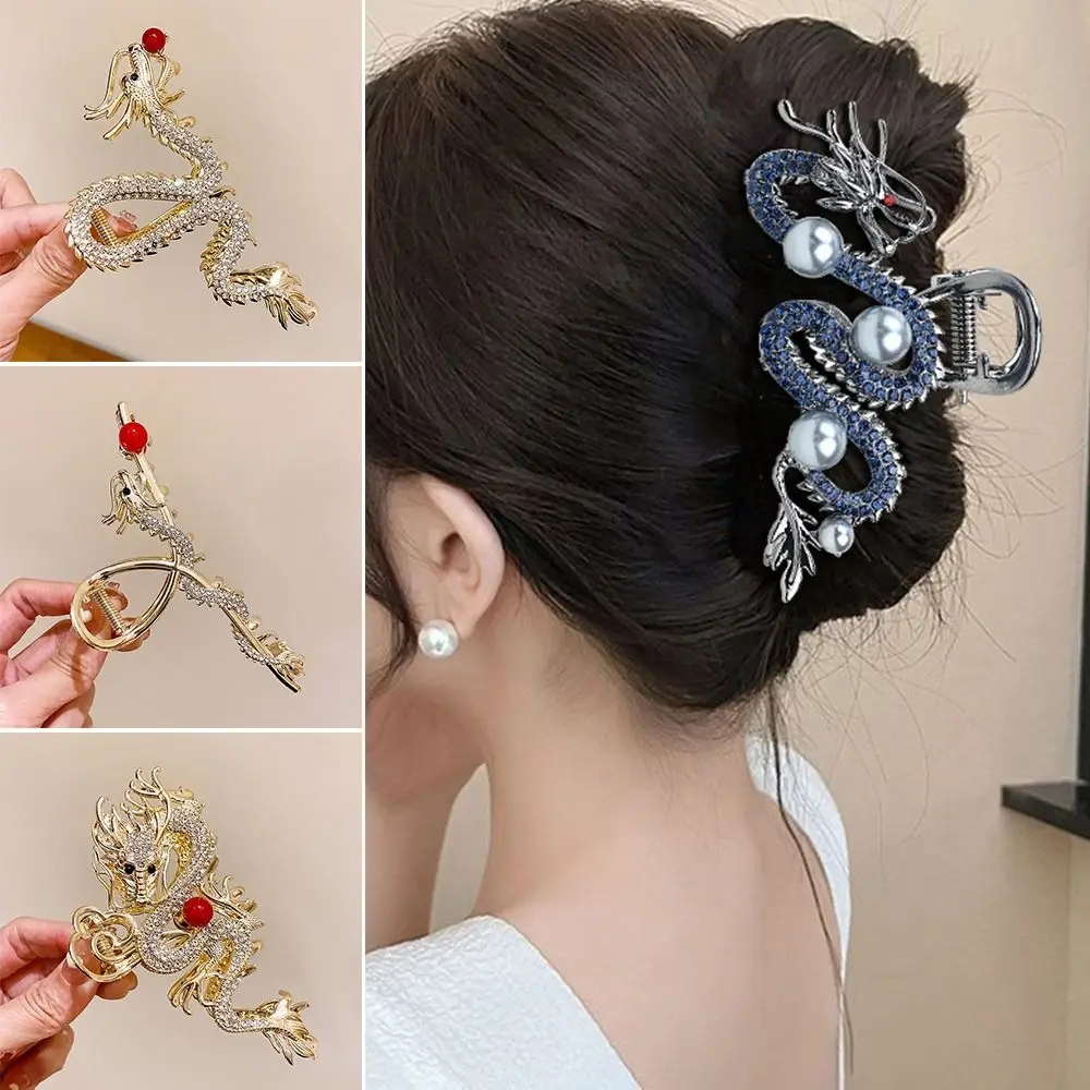 Fashion Chinese Style Hair Clips Dragon Shaped Rhinestone Hair Claw Alloy Metal with Pearl Hair Comb Hair Accessories