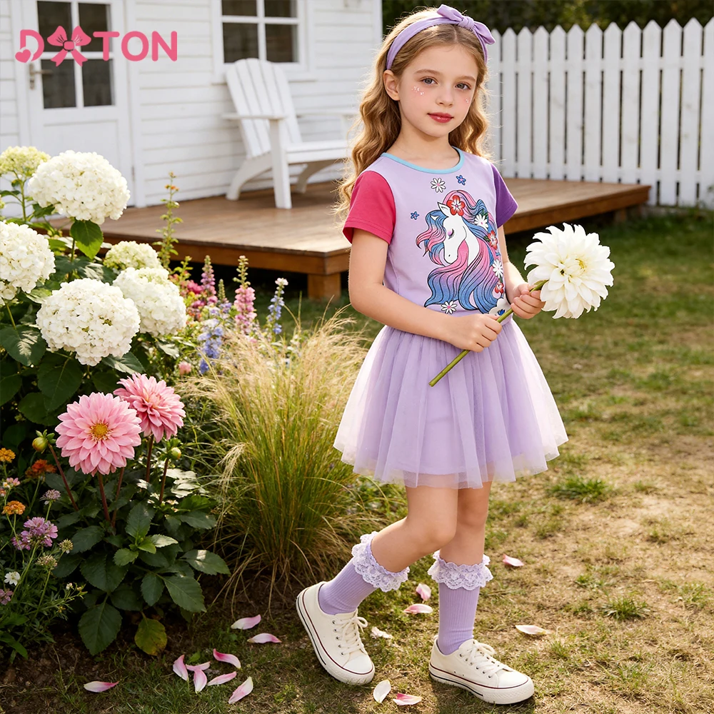 DXTON Baby Girls Cotton Tees Contrasting Colors Short Sleeve Summer Kids Tops Wear Unicorn New Children Cartoon Casual T-shirts