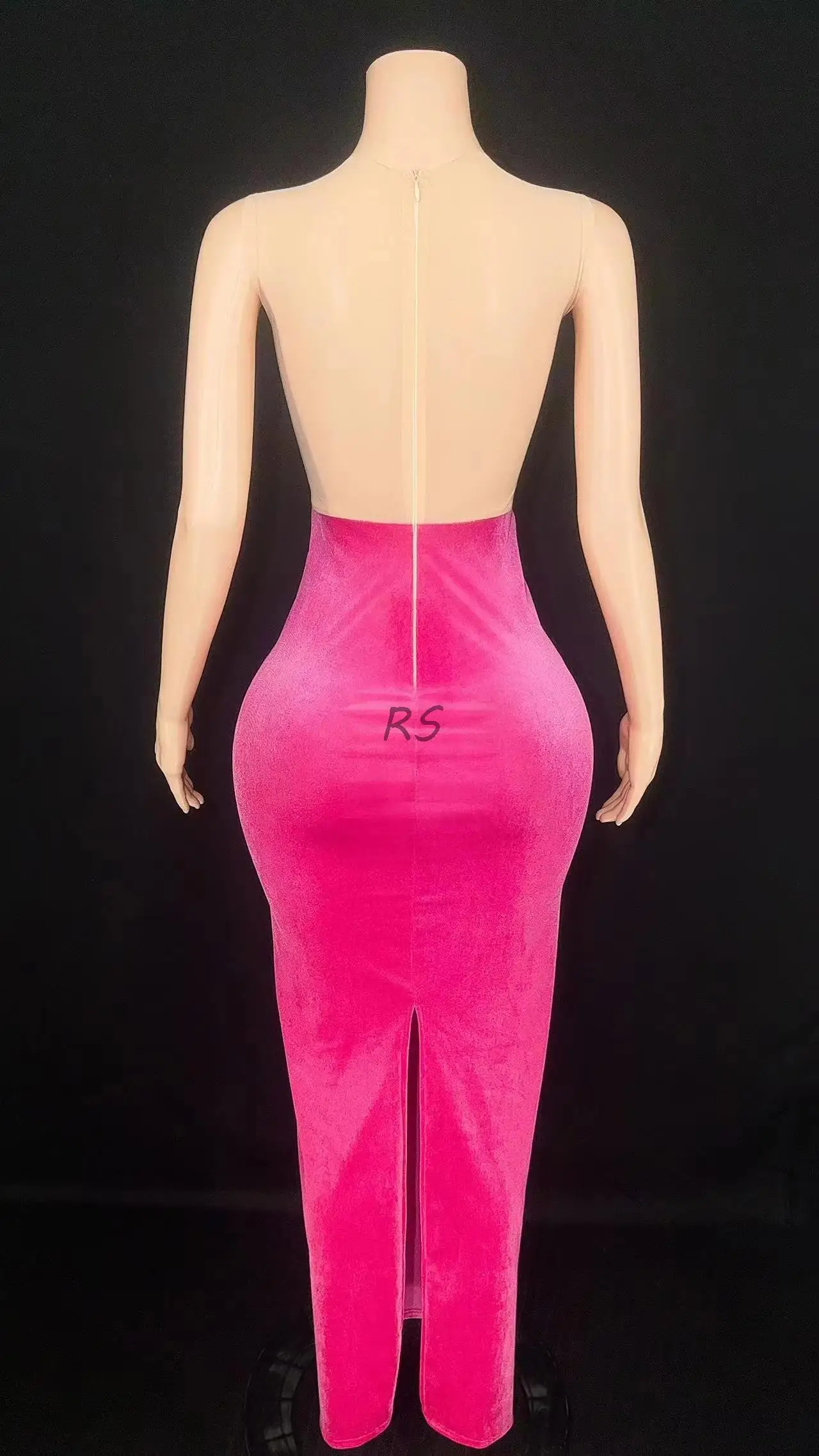 Vestido de noche de terciopelo rosa para mujer, Sexy, transparente, diamantes brillantes