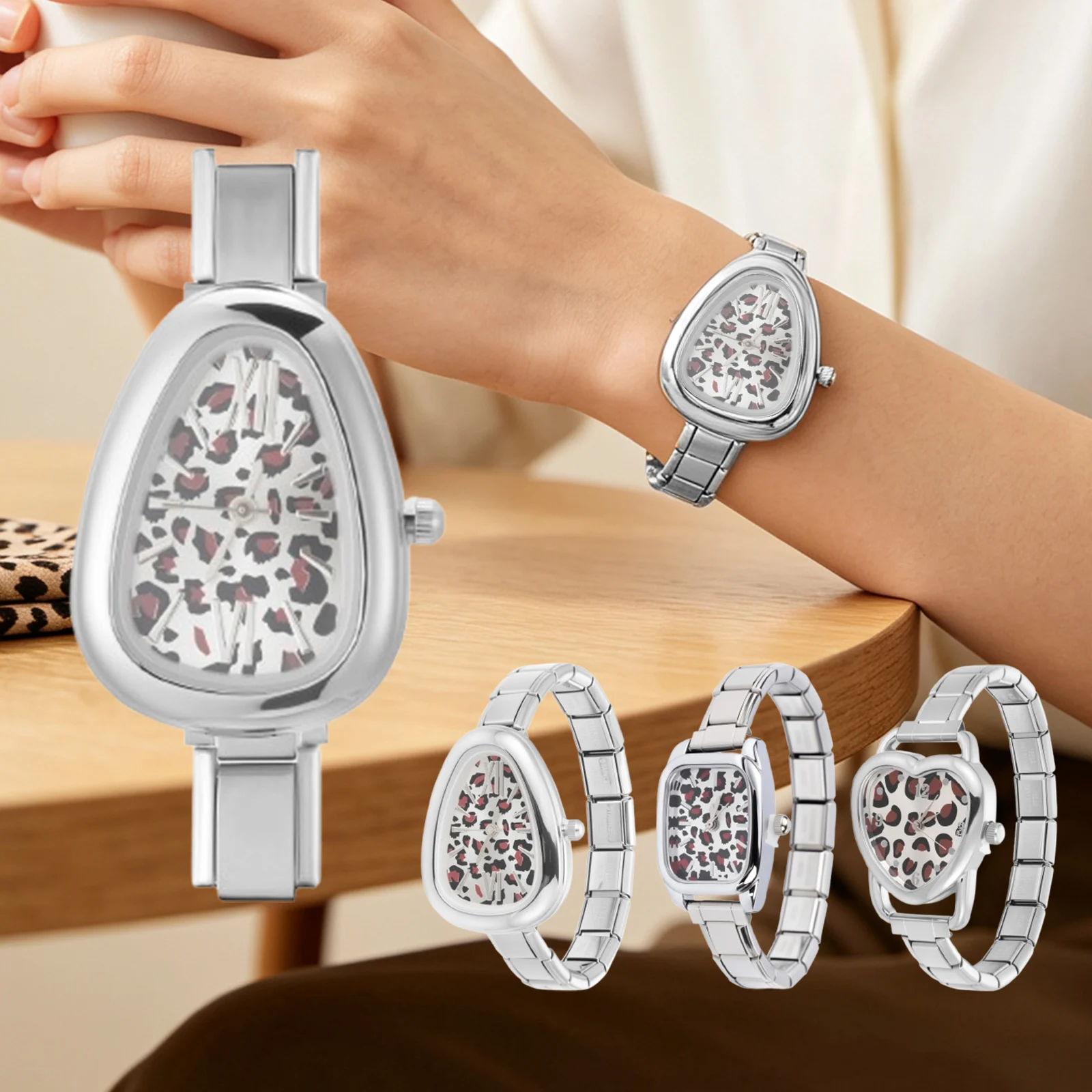 New Stainless Steel Simple Heart Leopard Dial Watch Bracelet For Student Friend Wife Birthday DIY Making Jewelry Gift Wholesale