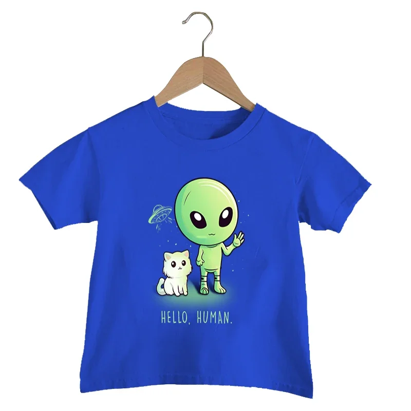 Hello Human Print T Shirt Baby Boys Funny Alien UFO T-shirt Cute Cat Graphics Kids Clothes Girls Harajuku Summer Streetwear Top