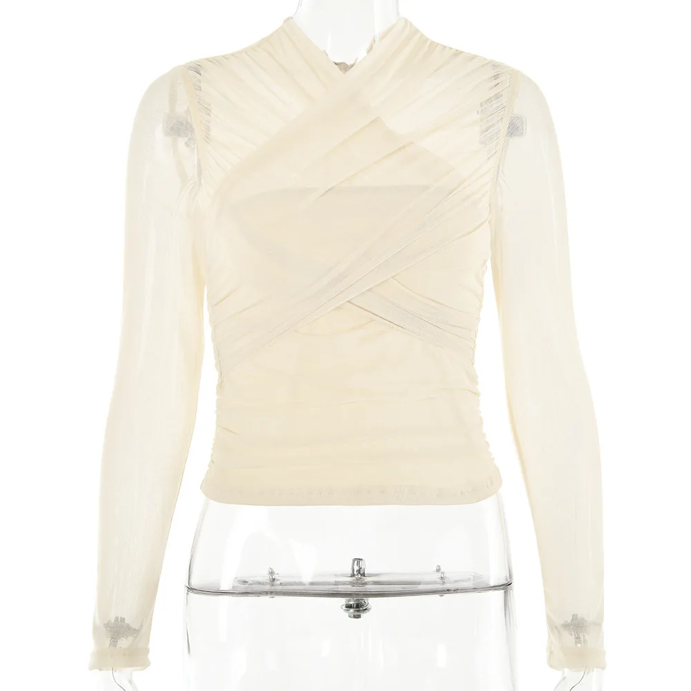 2025 Sale New Sexy Fashion Hot Girl Mesh Patchwork Zipper Sheer Long Sleeve Short Top