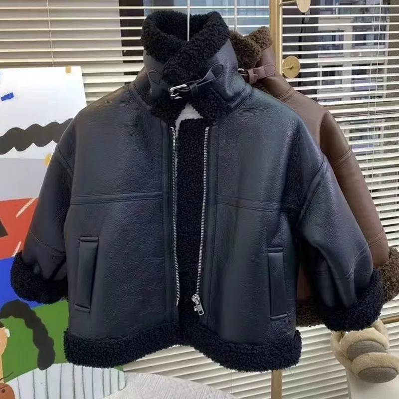 

New Boy Jackets Leather Fleece Thickness Kids Coats Fashion Children Outerwear Winter Autumn 2023-A0122