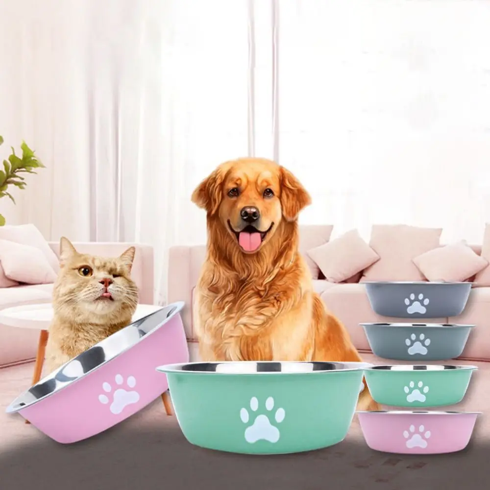 Large Capacity Stainless Steel Dog Bowl Non-slip Bilayer Dog Food Bowls Drinkers Non-rust Cat Paw Pattern Dog Water Bowl Home