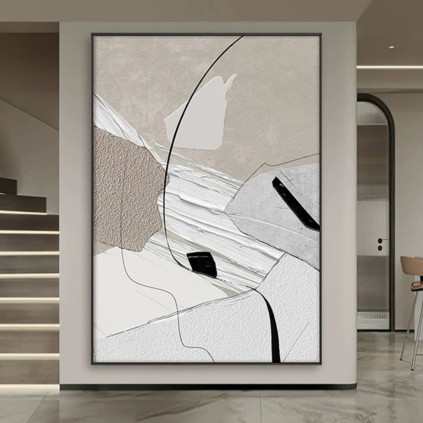 Pintura al Óleo Abstracta sobre Lienzo, 100% Pintada a Mano, Beige, Decoración para Vestíbulo, Arte Moderno y Minimalista par