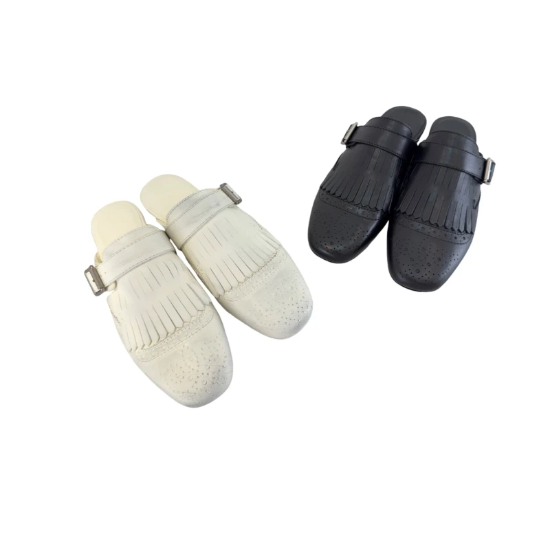 

Tassel Leather Mules Slippers Square Toe Mules for Women Office Comfort Breathable Summer Mules for Women Slip-On Flats AG2914