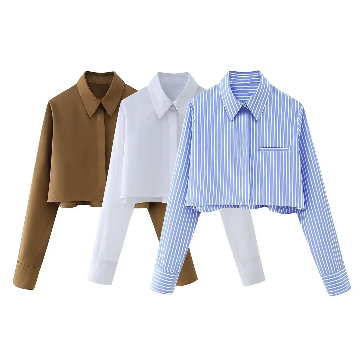 Fashionable Women's Long Sleeve Shirt 2025 New Style Short Length Pocket Decorated Polyester Fiber Spring Season Striped Pattern