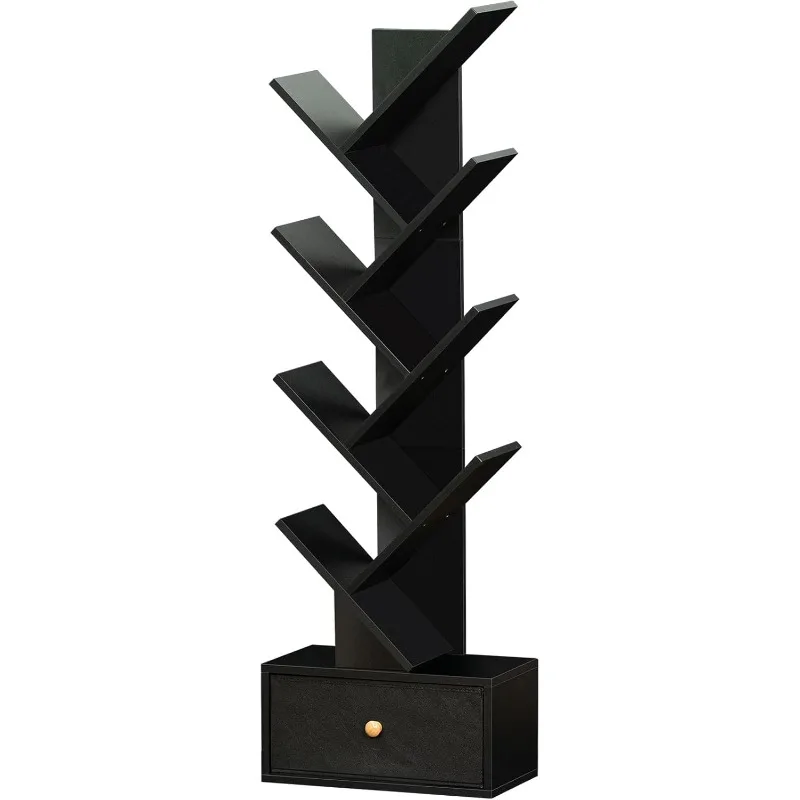 8 Tier Tree Bookshelf with Drawer, Free Standing Wood Bookcase for Living Room, Bedroom, Home Office