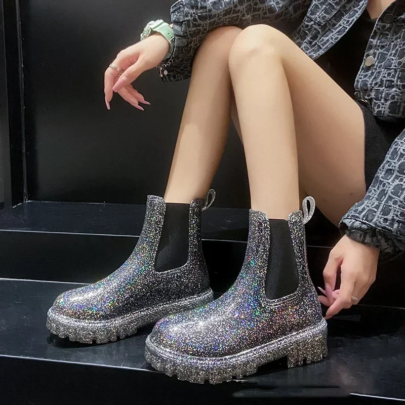 

New Women's Shiny Color Fashion Rain Boots Four Seasons Wearable Water Shoes Ladies Outdoor Waterproof Mid-tube Ankle Boots