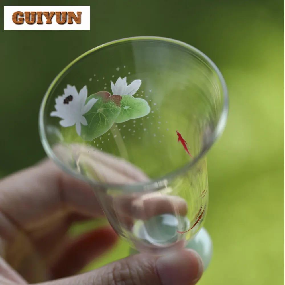 2pc/set Handmade Decal Fish Playing Lotus Teacup Heat Resistant Glass High Foot Wind Chime Cup Green Tea Master Cup Teaset 40ml