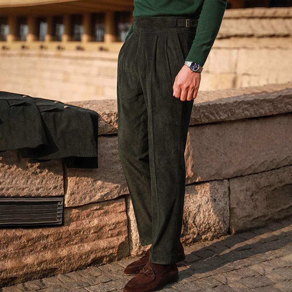 Mens Gurkha Trousers Corduroy Side Buckle Adjustable Waist Casual Suit Pants Autumn Business All-Match Straight Pants Men'S Wear