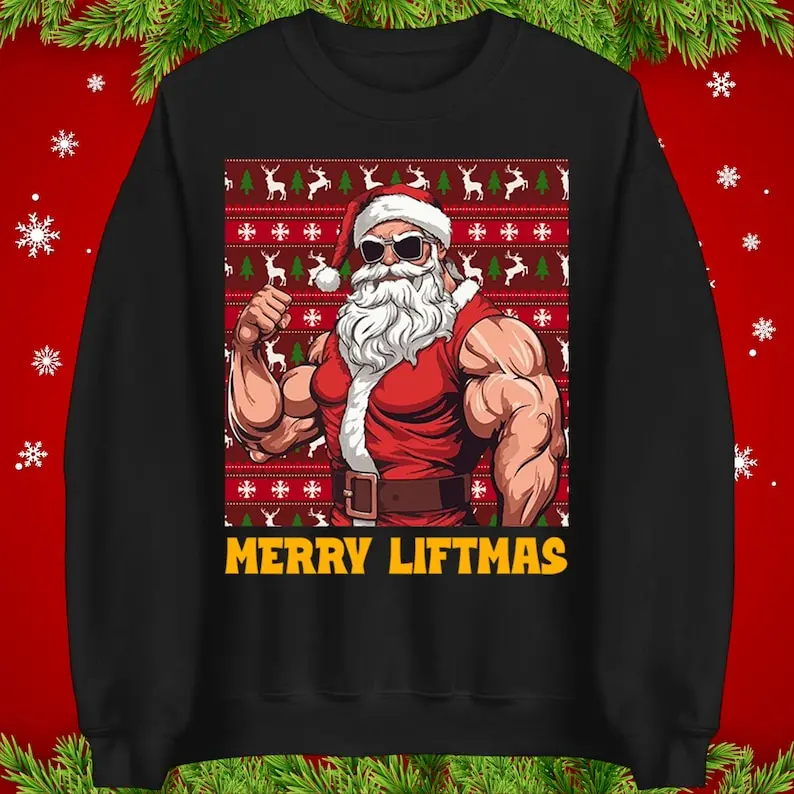 Merry Liftmas Funny Santa Jumper Xmas Gym Hoodie Christmas Bodybuilder Claus Workout Creative Pattern Spring and Autumn Pullover
