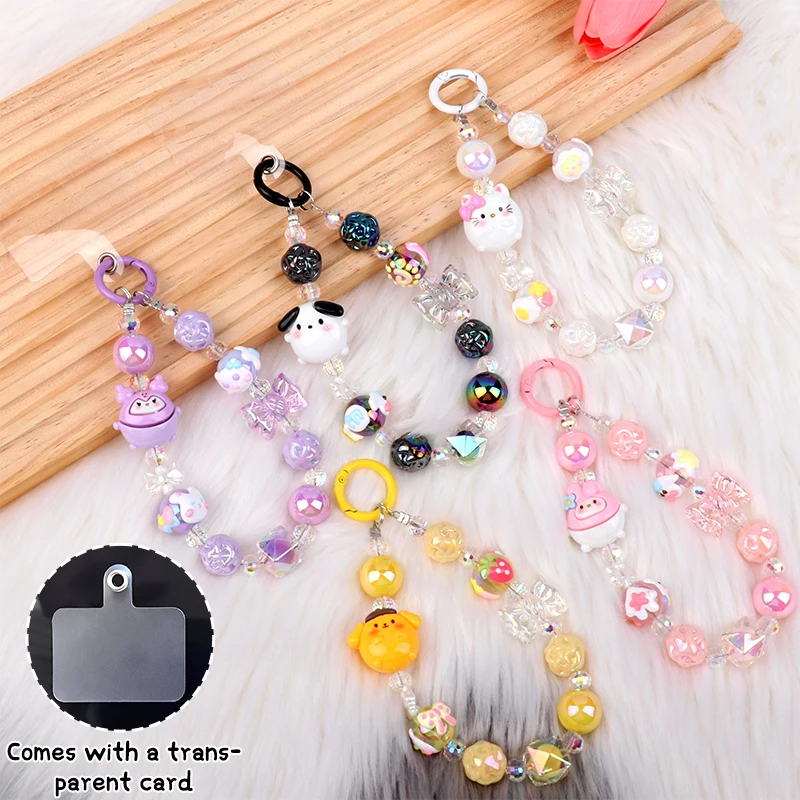 Kawaii Sanrio Hello Kitty Phone Chain W/Card Cinnamoroll Kuromi My Melody Pendant Bowknot Wrist Strap Earphone Case Bag Decor