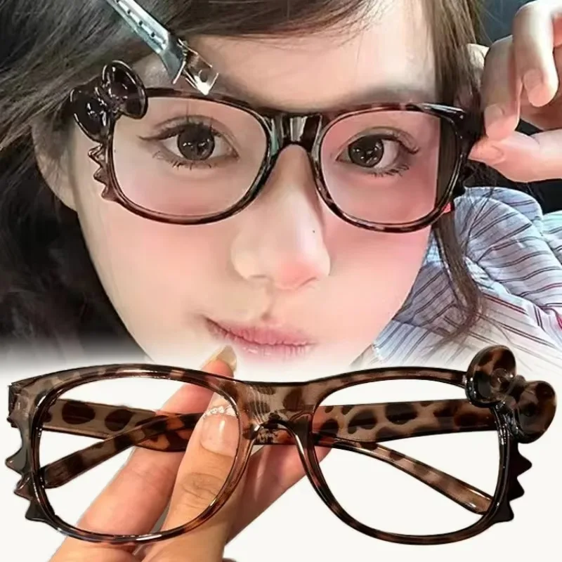 Y2K Leopard Print Cat Bow Eyeglasses Frame NEW Vintage Glasses Accessory Cosplay Bow Ear Toys Girls Gift Halloween Party Props