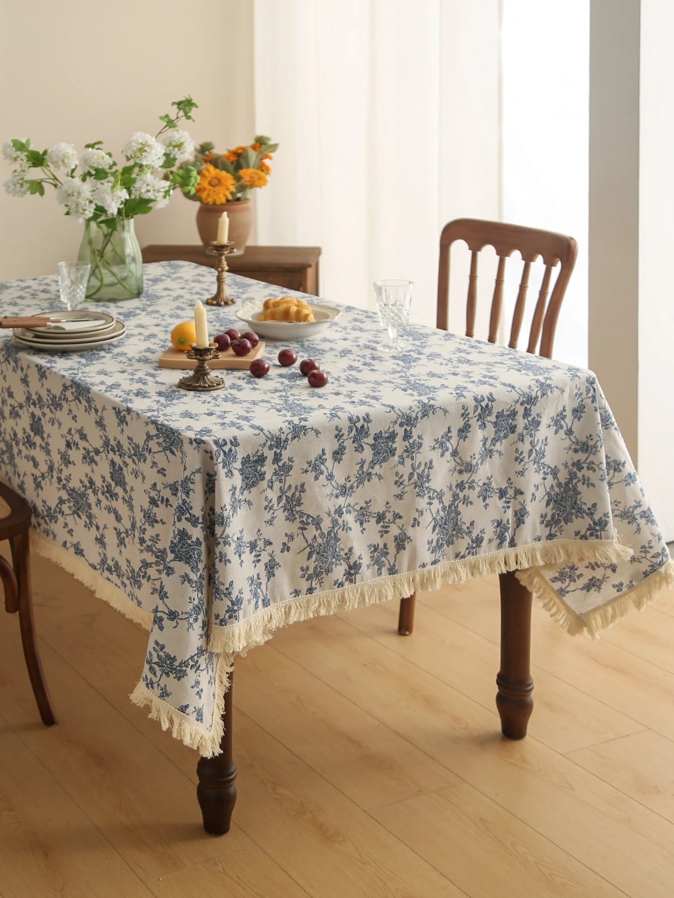 

Синяя скатерть с кисточками и цветочным принтом, прямоугольная скатерть для гостиной, кухни, обеденного стола, украшения скатерти