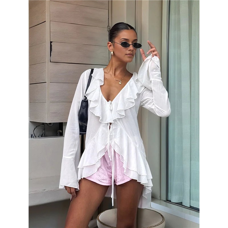ผู้หญิง Tie ด้านหน้า Tops SHEER ตาข่าย Bell แขนยาว Ruffle เสื้อเสื้อ Crop TOP