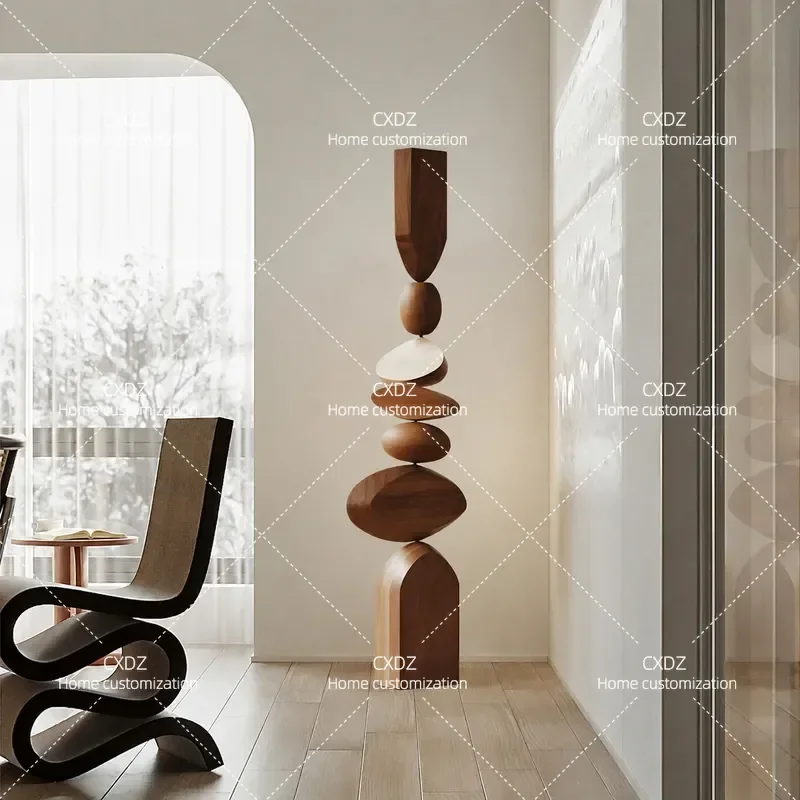 Solid Wood Sculpture Art Floor Standing Ornament for Hotel Model Room Sales Office Staircase Entrance Vertical Home Decor