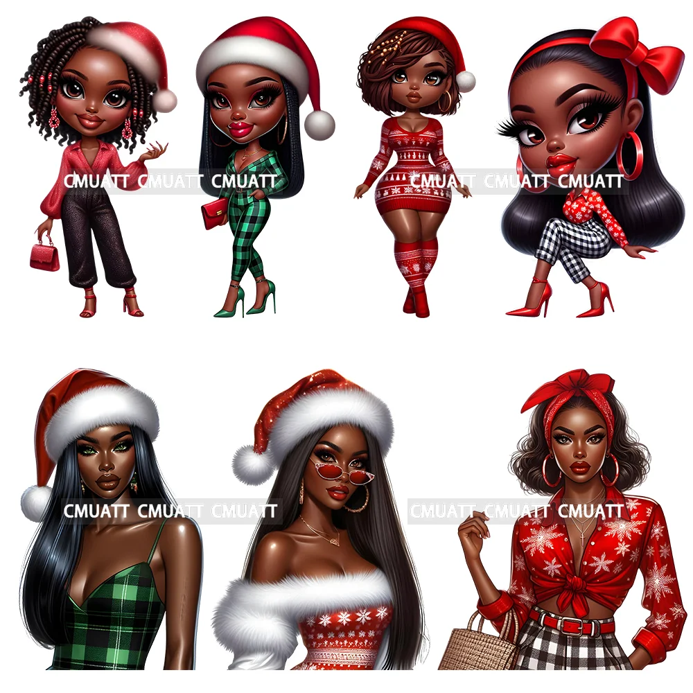 Cool Girl Afro Black Woman Christmas Fashion African American Female Xmas Santa DTF Transfer Sticker Ready To Press For Garment