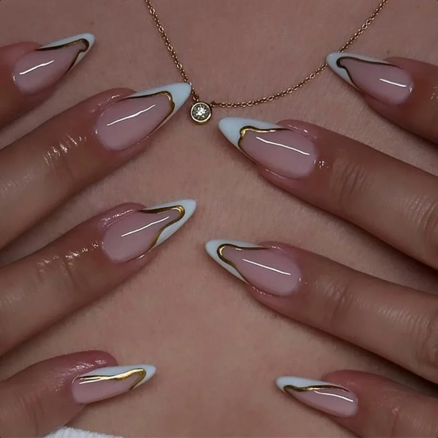 

Белый французский наконечник Pr on Nails Gold Line Накладные ногти Средний миндаль Накладные ногти с дизайном телесного цвета Клей на ногти Искусственный акрил F