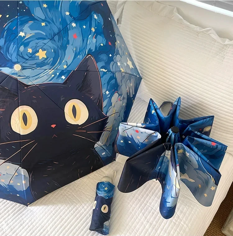 Blue Star Black Cat Umbrella Animal Cartoon Full Automatic Oil Painting Sun Folding Umbrella for Women Strong Sunshade Umbrella